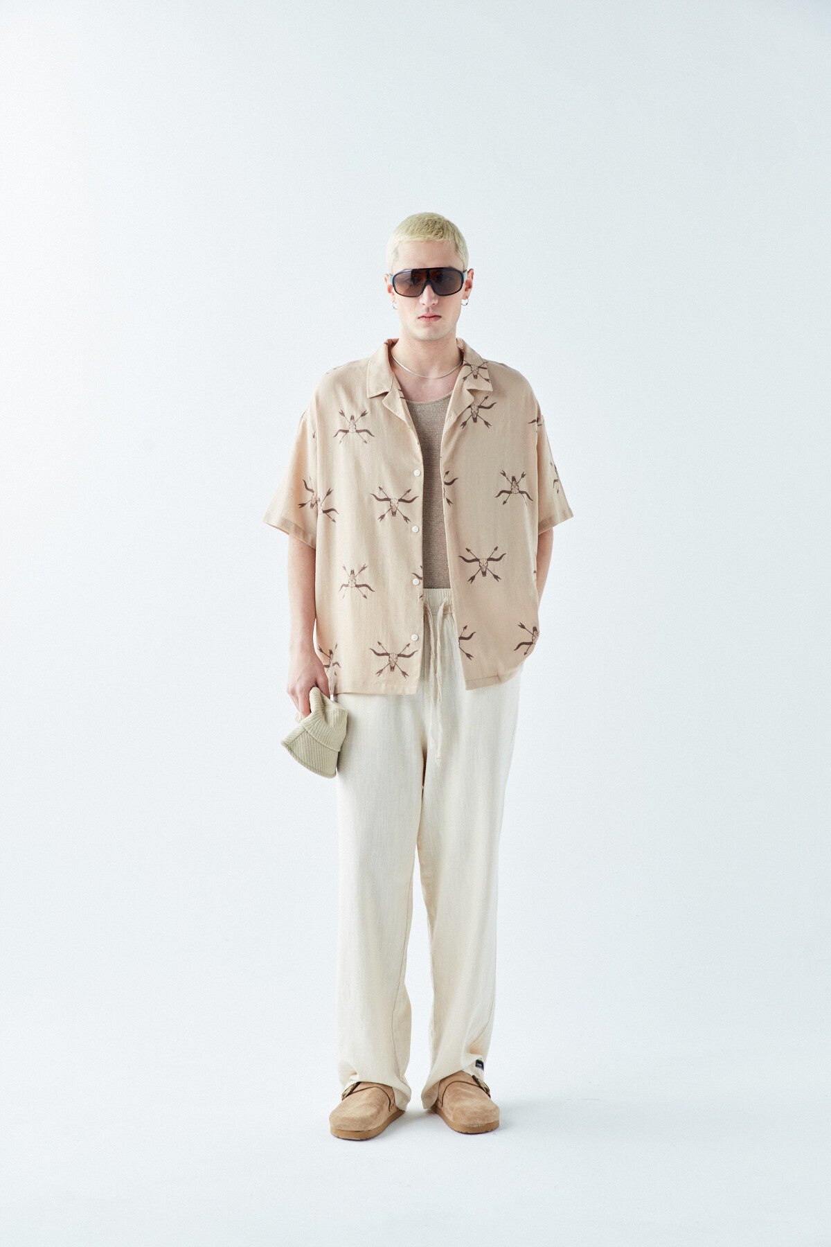 Patterned Short-Sleeve Oversized Shirt Without Pockets