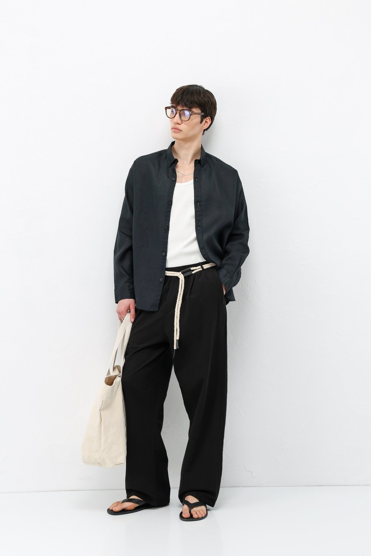 Oversized Linen Pants with Detailed Belt