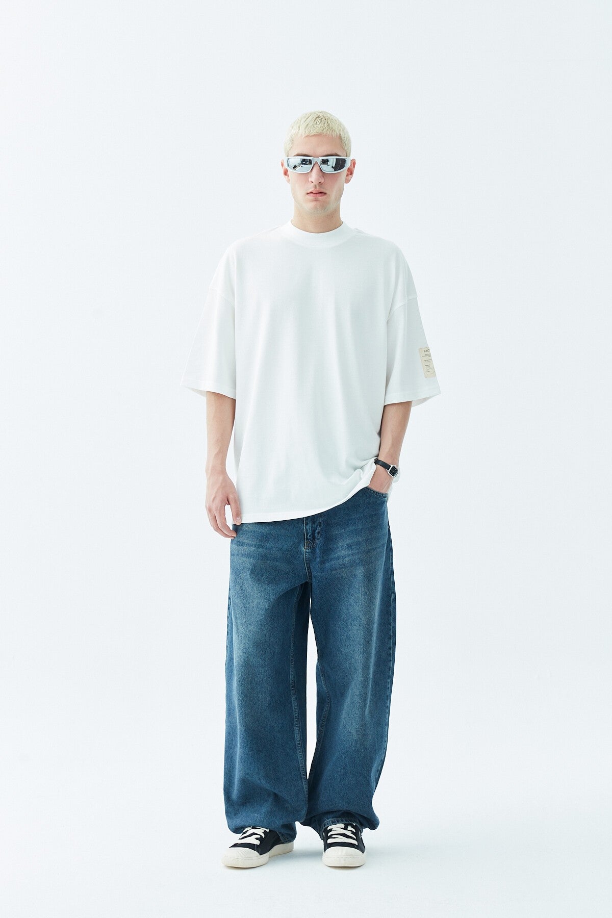 Oversized T-Shirt with Fisherman's Collar and Label Detail - Light Smoke