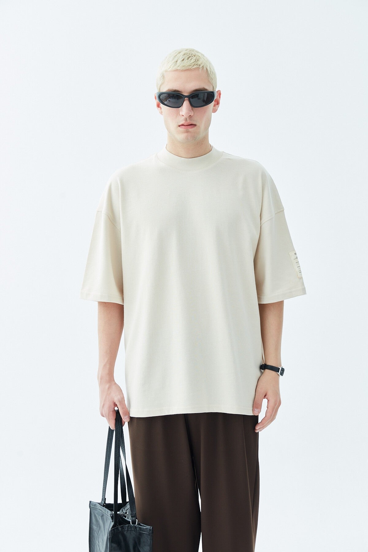 Oversized T-Shirt with Fisherman's Collar and Label Detail - Light Smoke