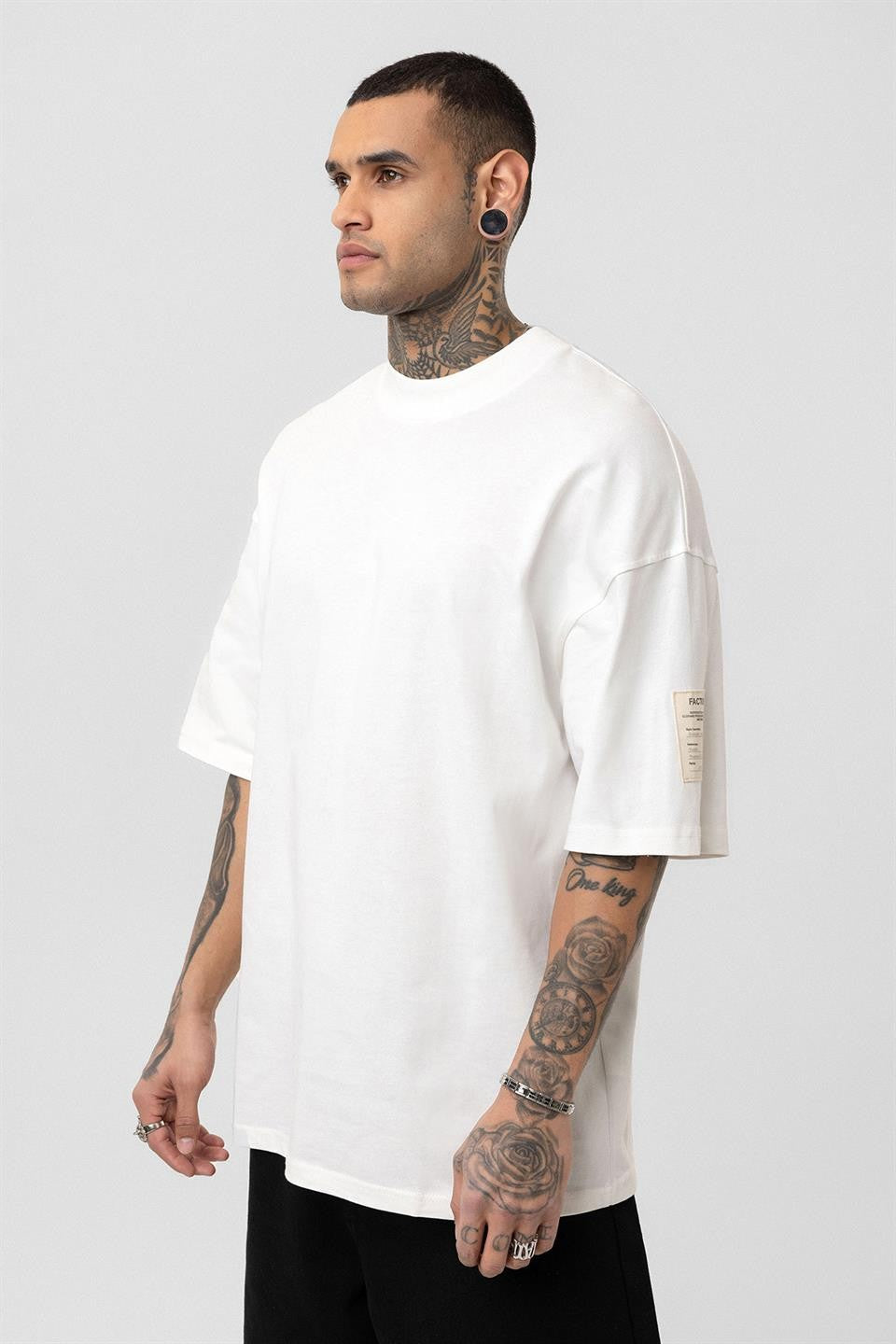 Oversized T-Shirt with Fisherman's Collar and Label Detail - Light Smoke