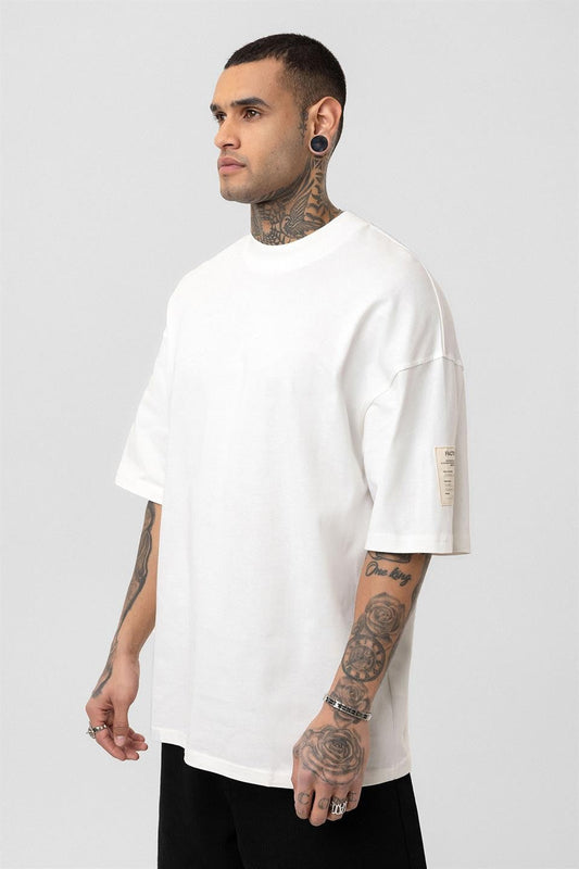 Oversized T-Shirt with Fisherman's Collar and Label Detail - Light Smoke