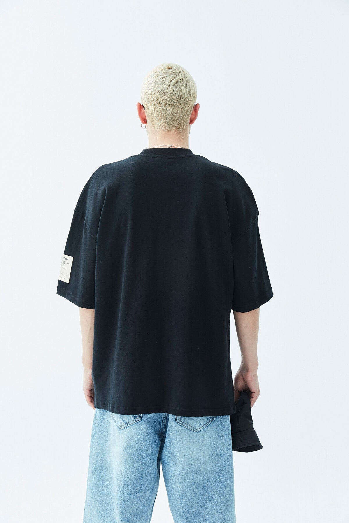 Oversized T-Shirt with Fisherman's Collar and Label Detail - Light Smoke
