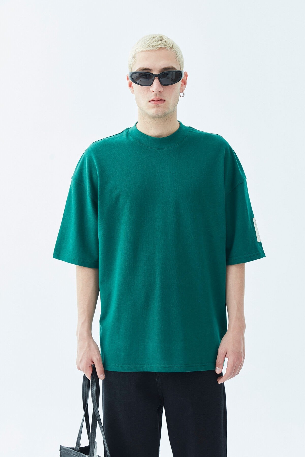 Oversized T-Shirt with Fisherman's Collar and Label Detail - Light Smoke