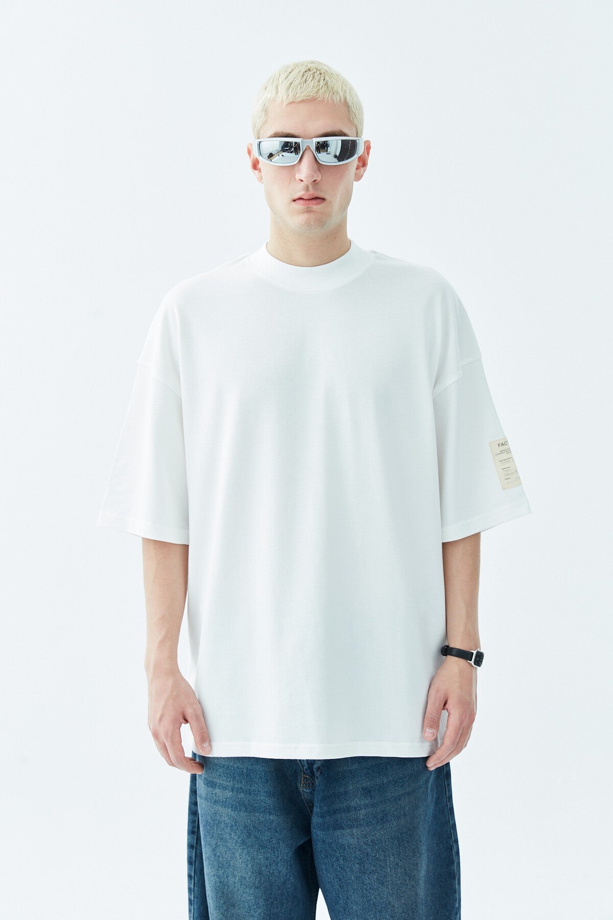 Oversized T-Shirt with Fisherman's Collar and Label Detail - Light Smoke
