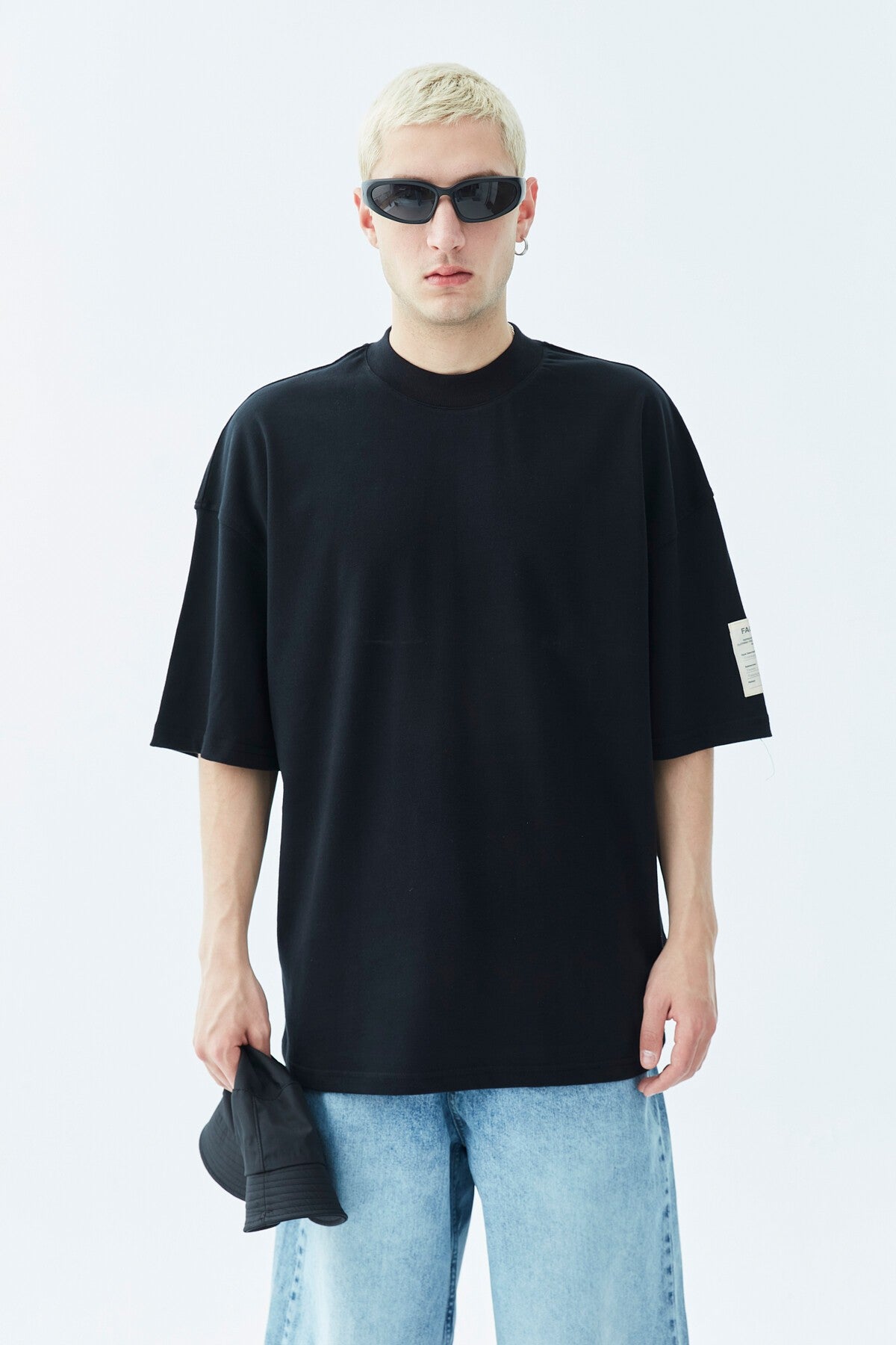 Oversized T-Shirt with Fisherman's Collar and Label Detail - Light Smoke