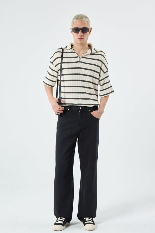Oversized Striped Sweatshirt with Zipper Collar
