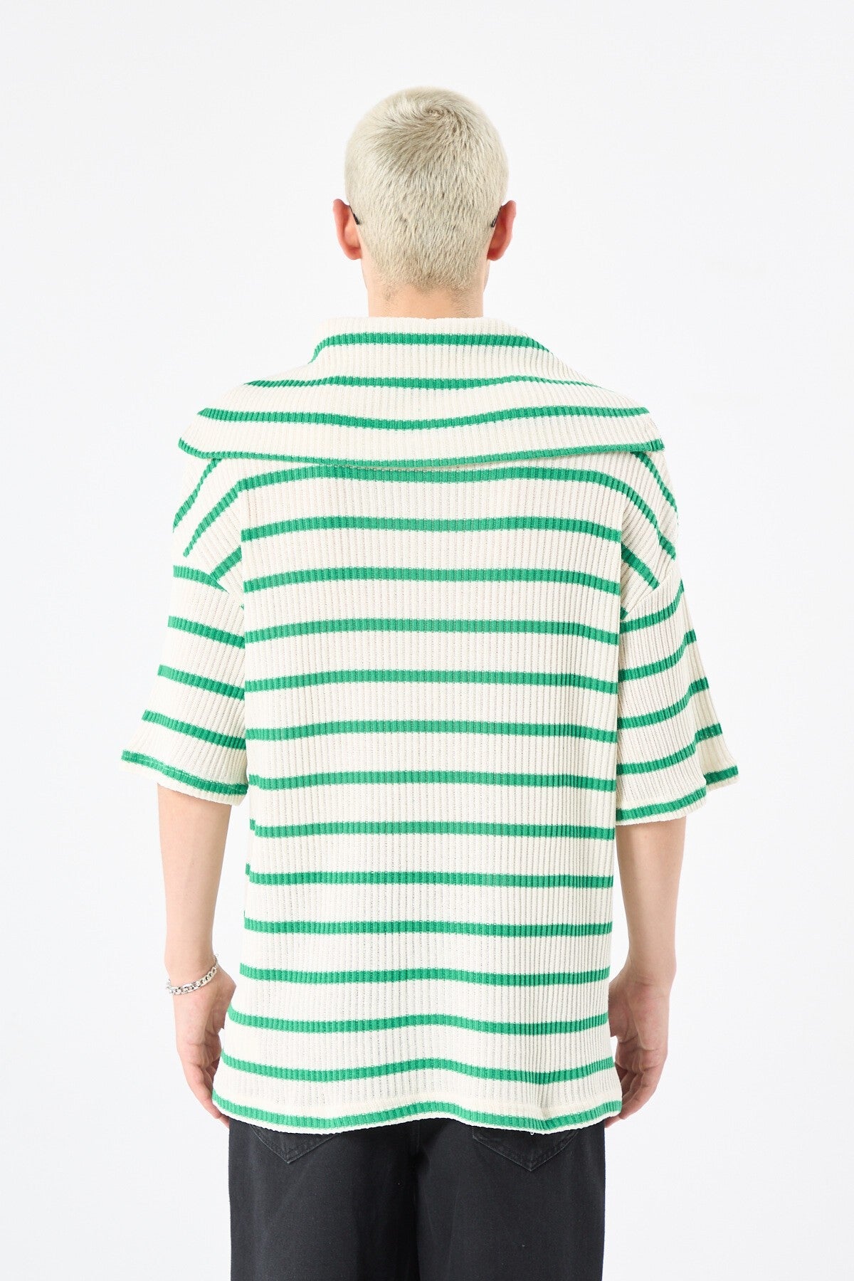 Oversized Striped Sweatshirt with Zipper Collar