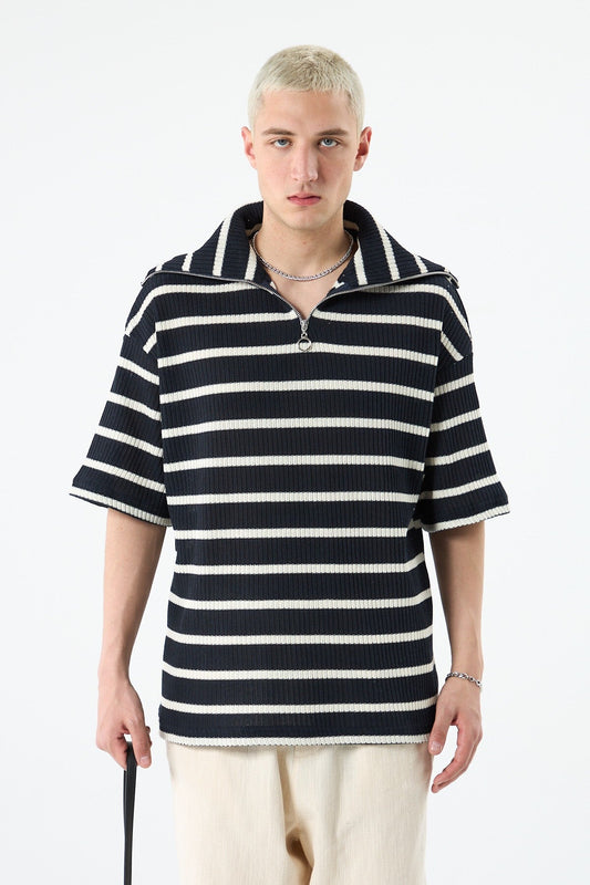 Oversized Striped Sweatshirt with Zipper Collar