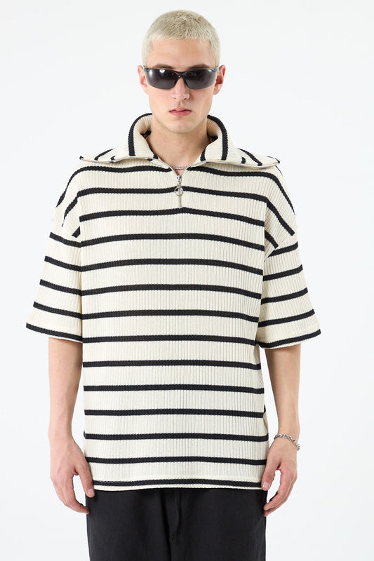 Oversized Striped Sweatshirt with Zipper Collar