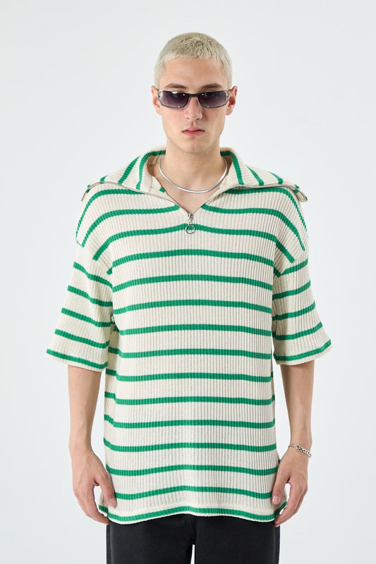 Oversized Striped Sweatshirt with Zipper Collar
