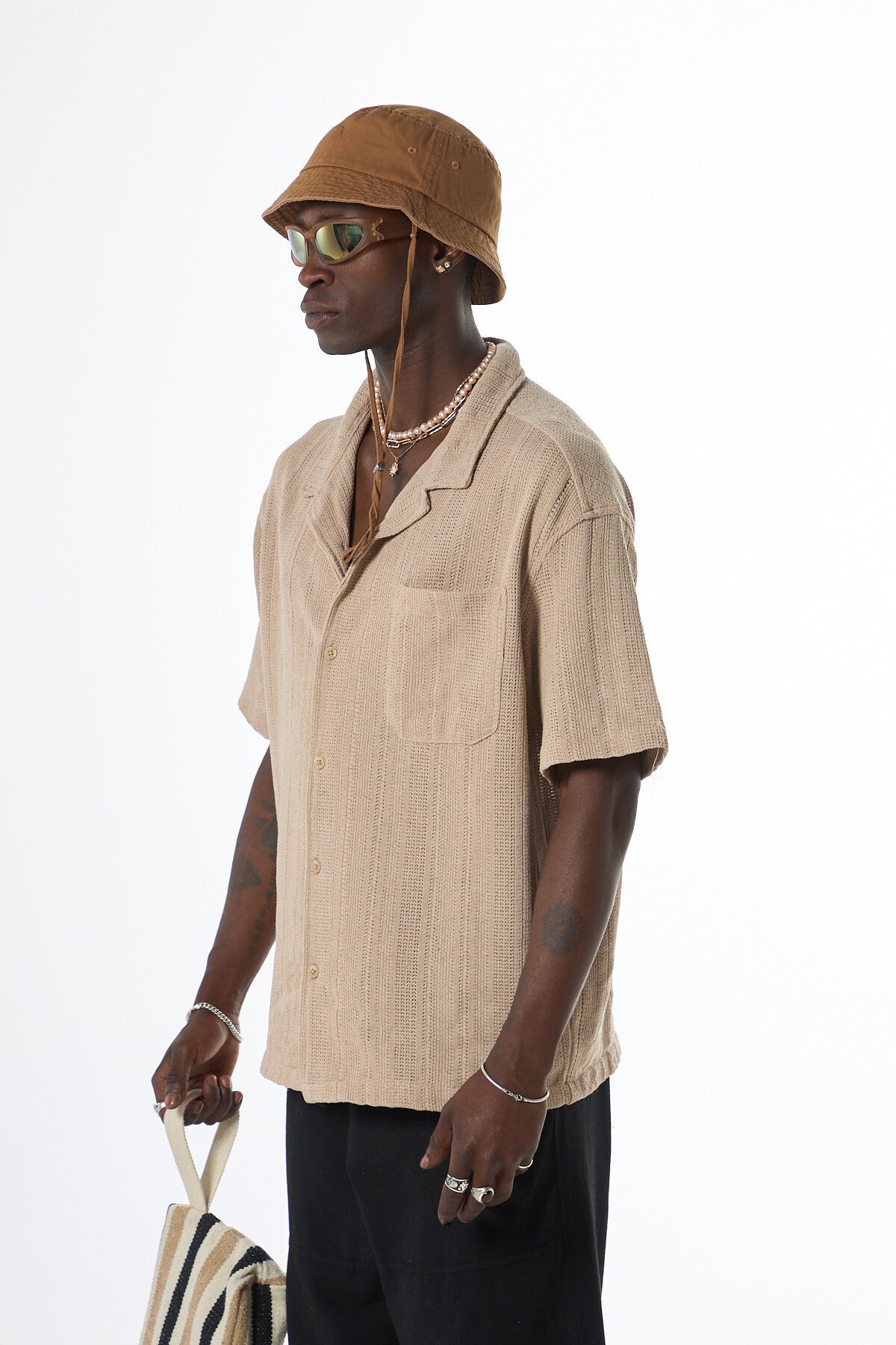 Oversized Short-Sleeve Knitted Shirt with Pockets