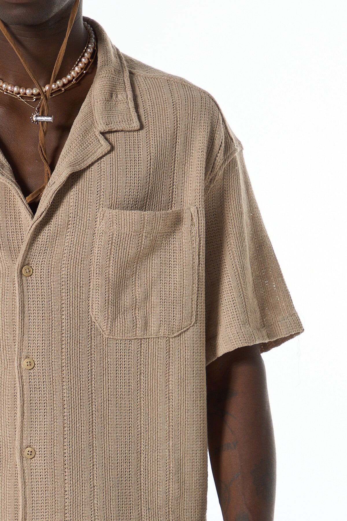 Oversized Short-Sleeve Knitted Shirt with Pockets