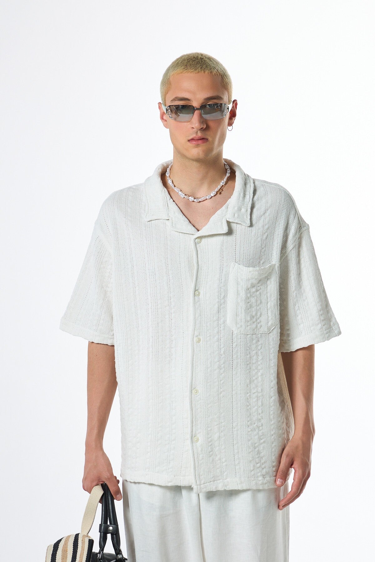 Oversized Short-Sleeve Knitted Shirt with Pockets