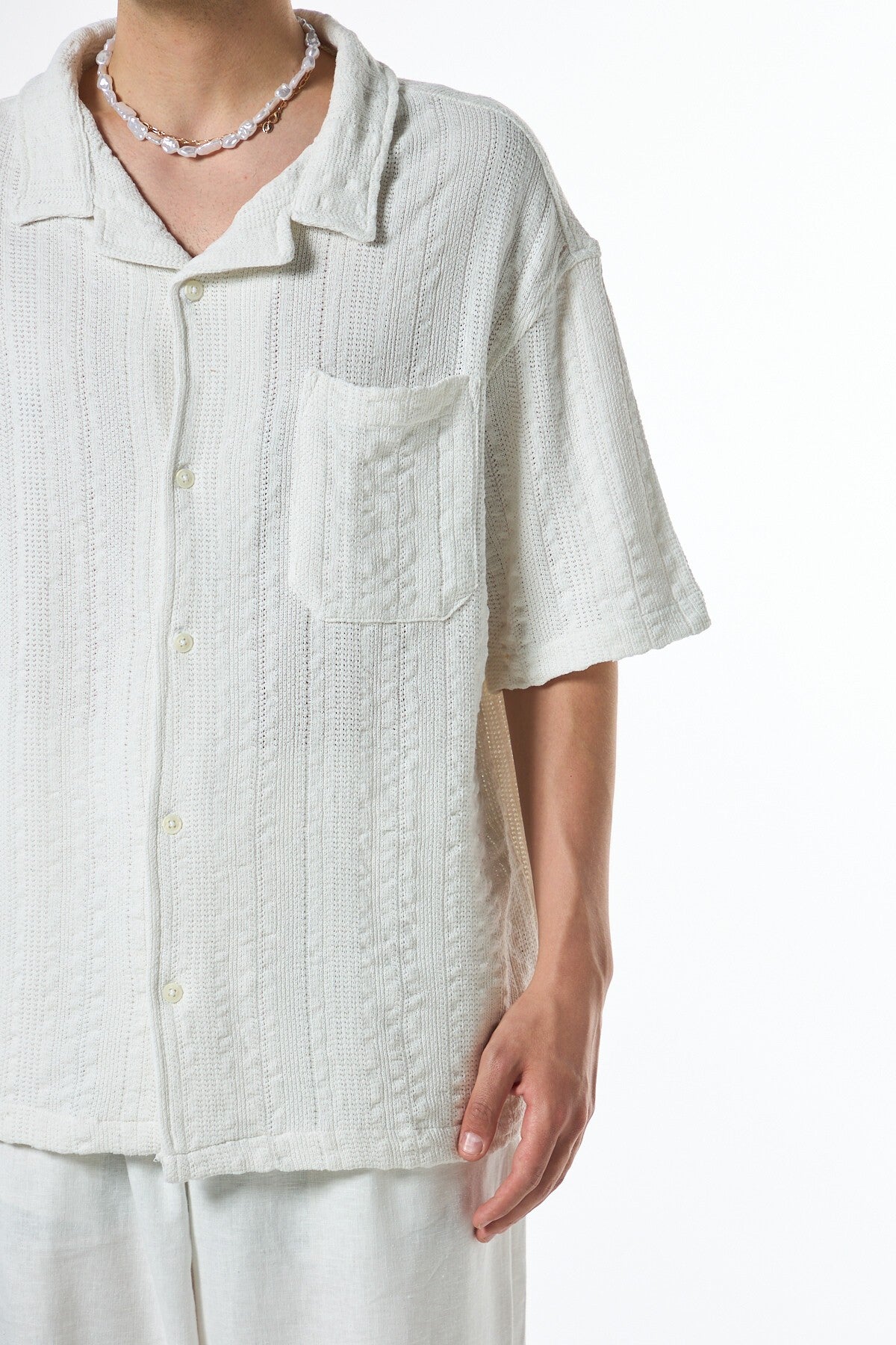 Oversized Short-Sleeve Knitted Shirt with Pockets