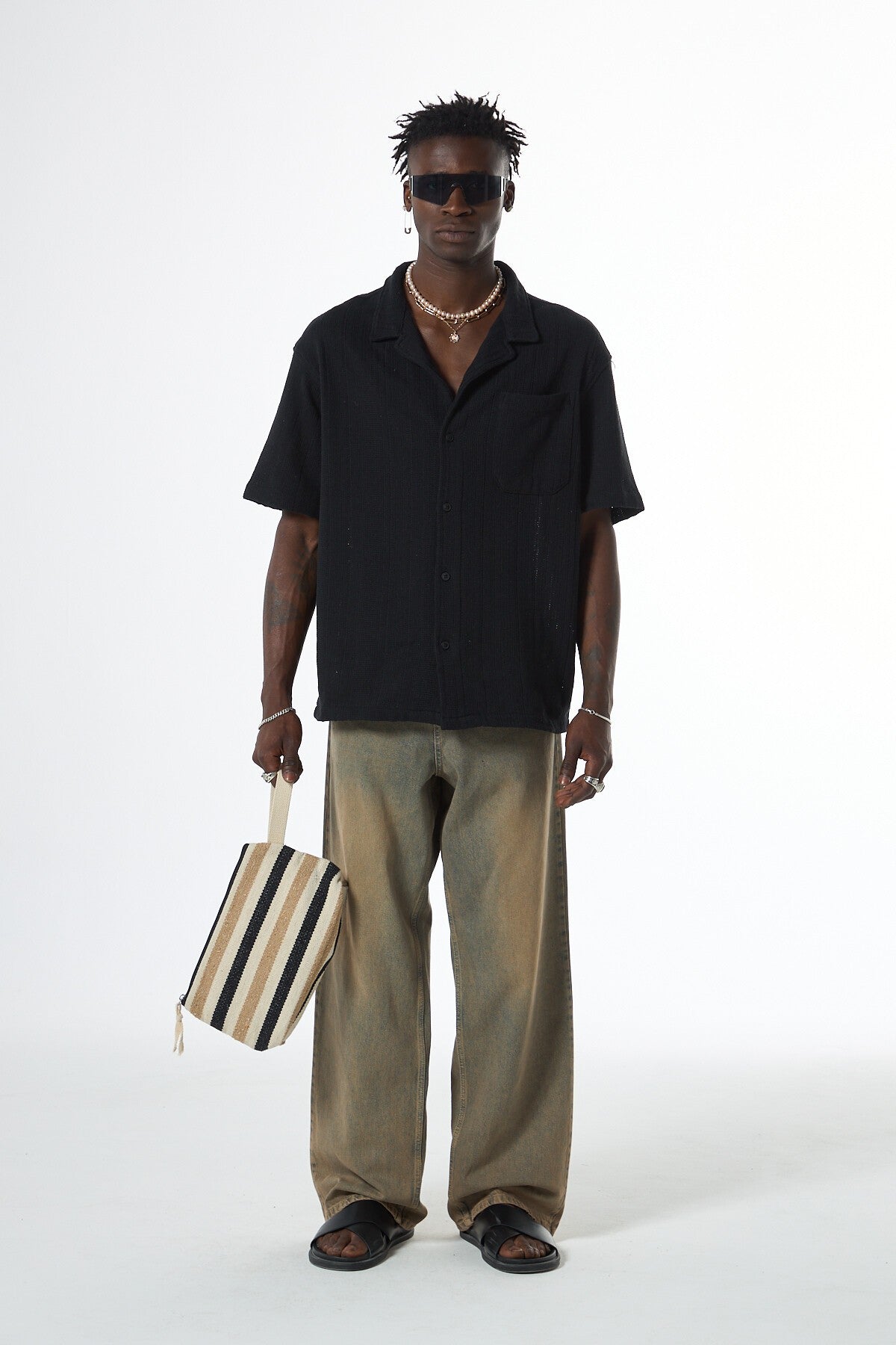 Oversized Short-Sleeve Knitted Shirt with Pockets
