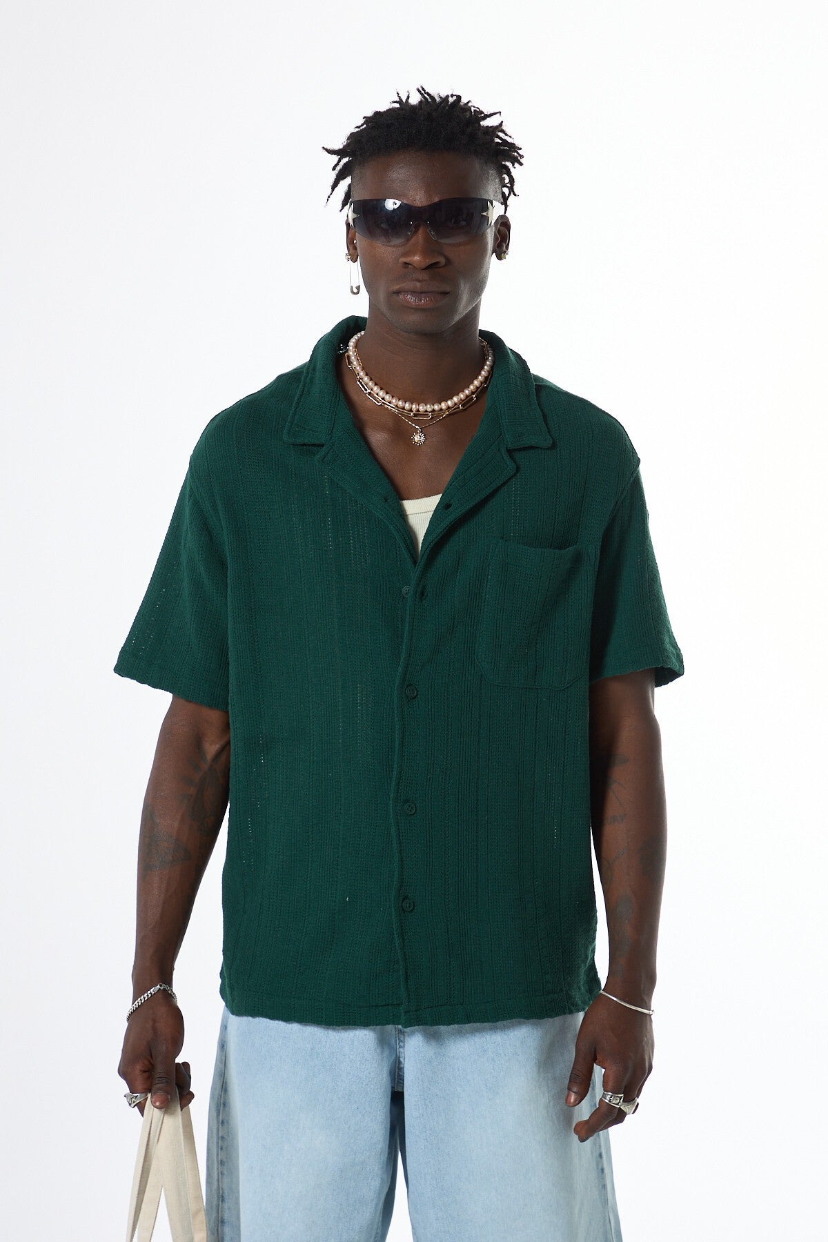 Oversized Short-Sleeve Knitted Shirt with Pockets
