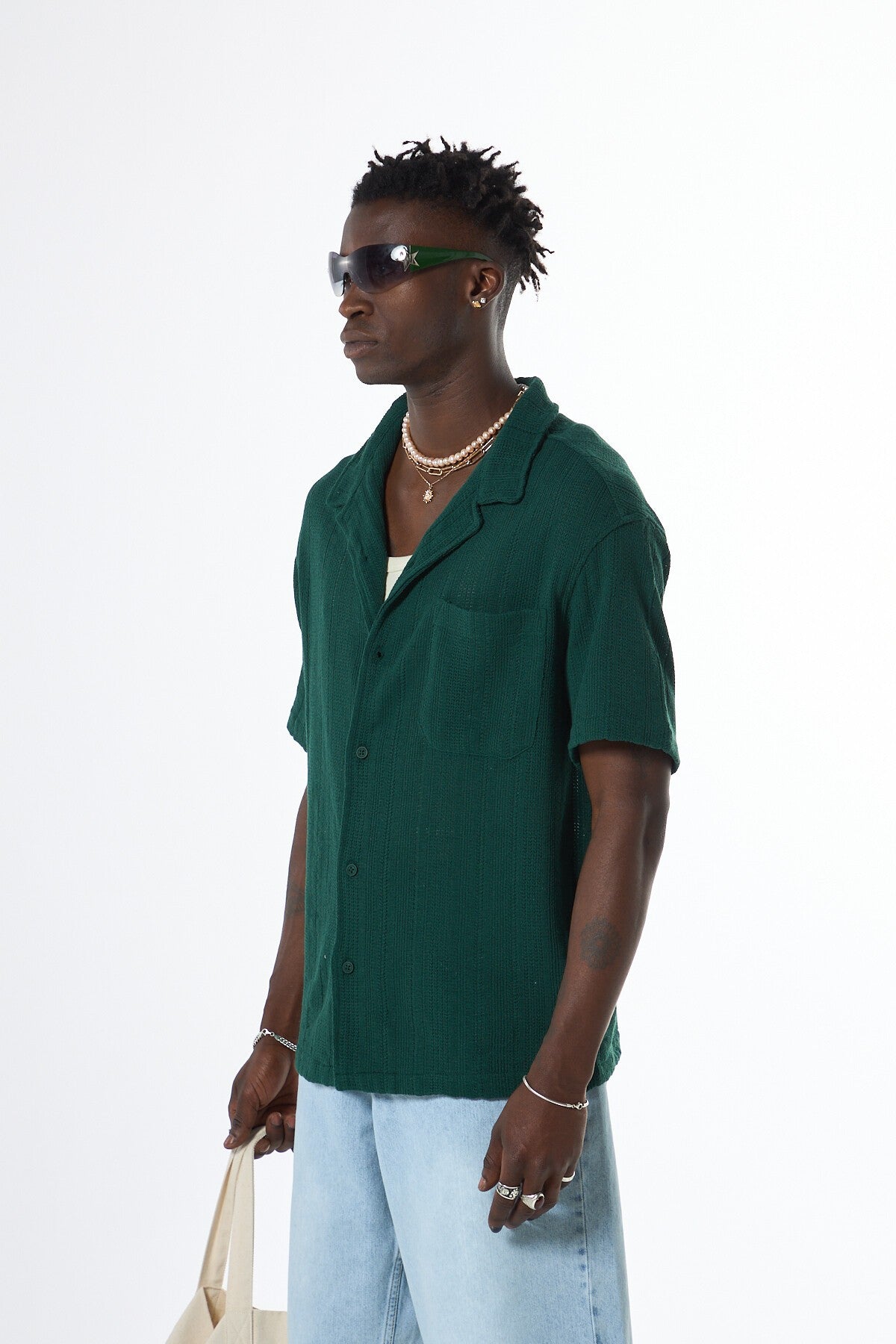 Oversized Short-Sleeve Knitted Shirt with Pockets