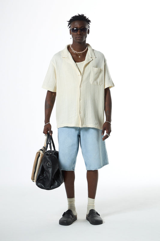 Oversized Short-Sleeve Knitted Shirt with Pockets