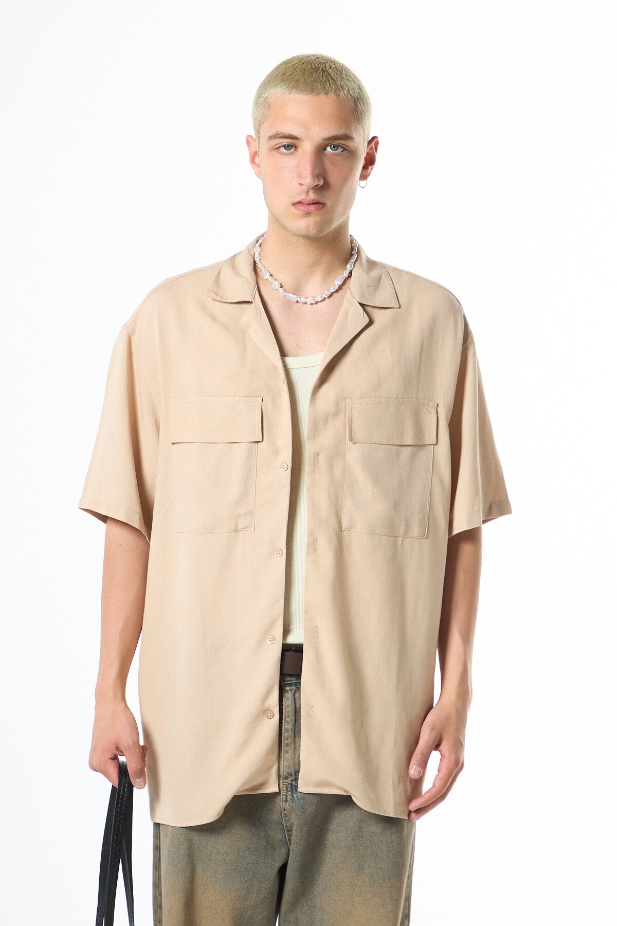 Oversized Short-Sleeve Linen Shirt with Two Pockets