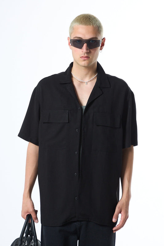 Oversized Short-Sleeve Linen Shirt with Two Pockets