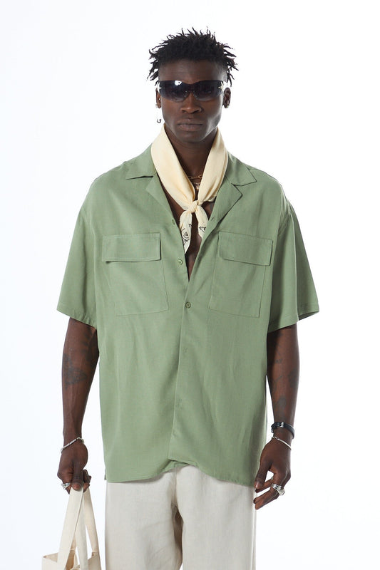 Oversized Short-Sleeve Linen Shirt with Two Pockets