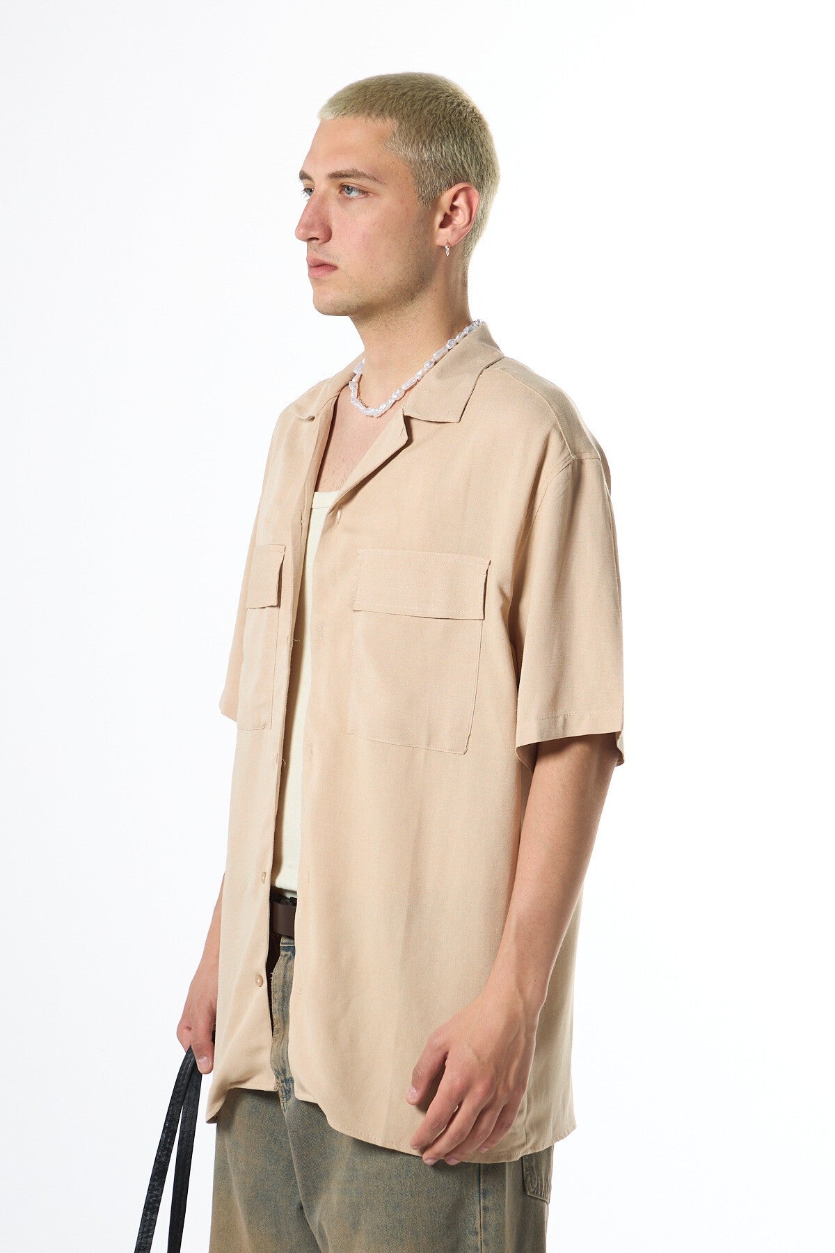Oversized Short-Sleeve Linen Shirt with Two Pockets