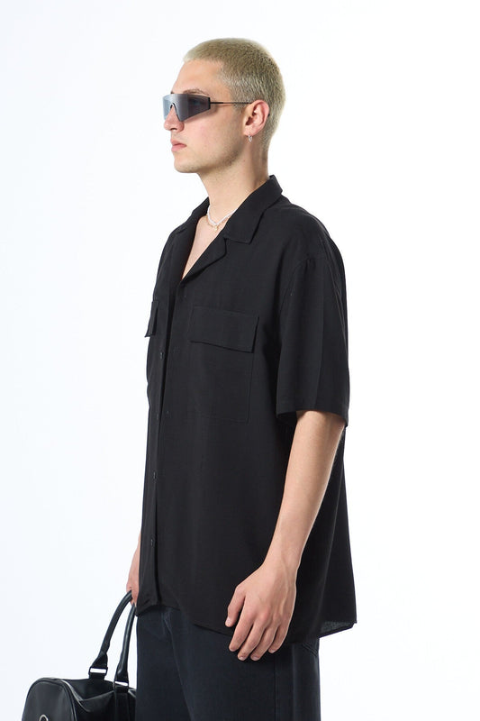 Oversized Short-Sleeve Linen Shirt with Two Pockets