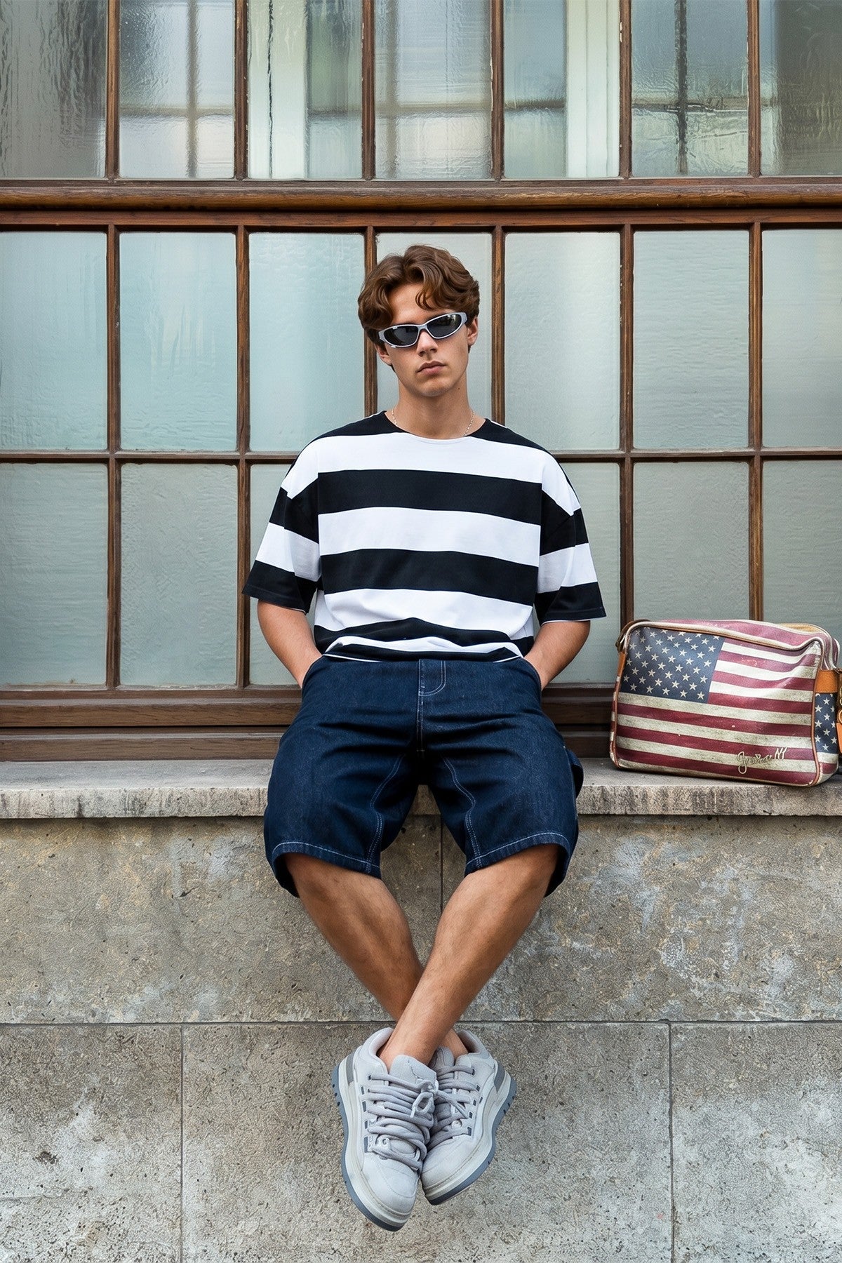 Oversized 100% Cotton T-Shirt with Digital Print Stripes