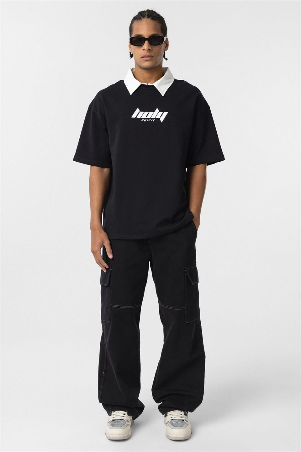 Oversized Printed T-Shirt with a Polo Collar