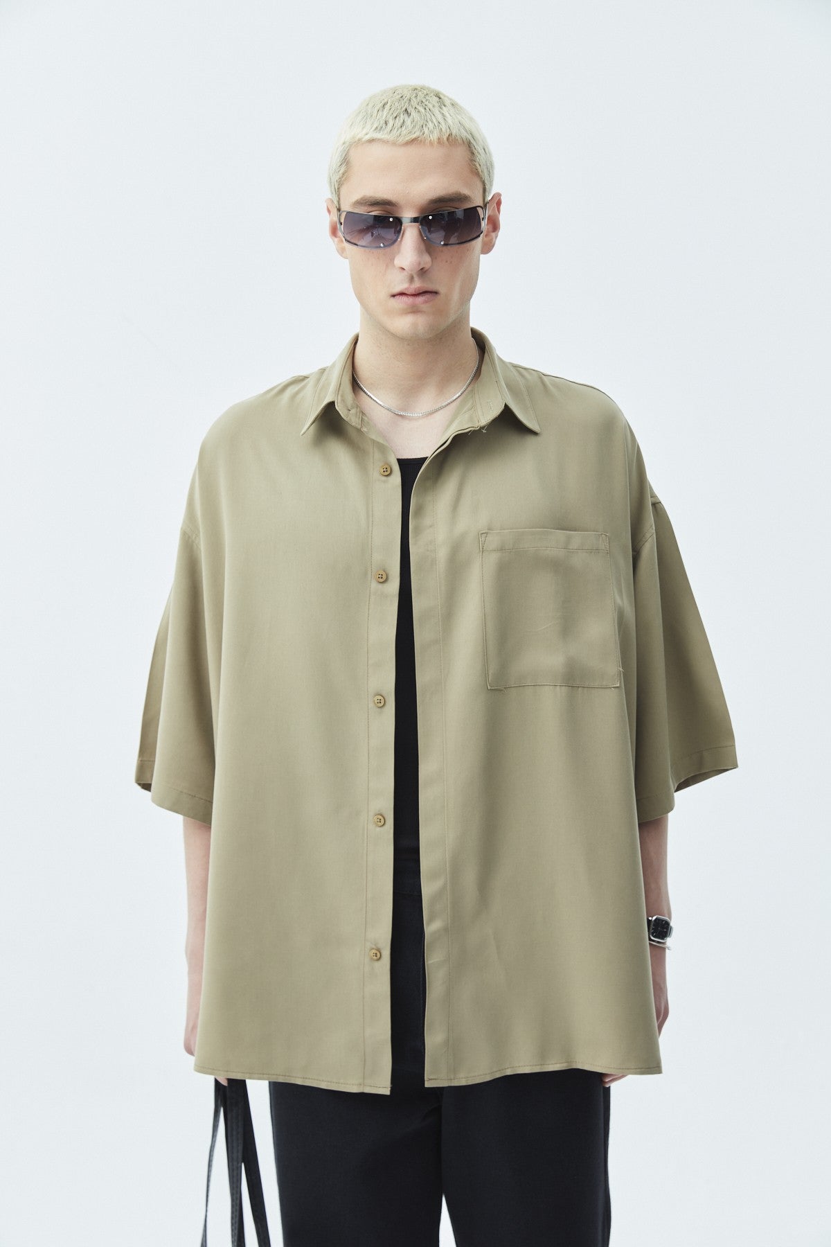 Oversized Short-Sleeve Linen Shirt with One Pocket