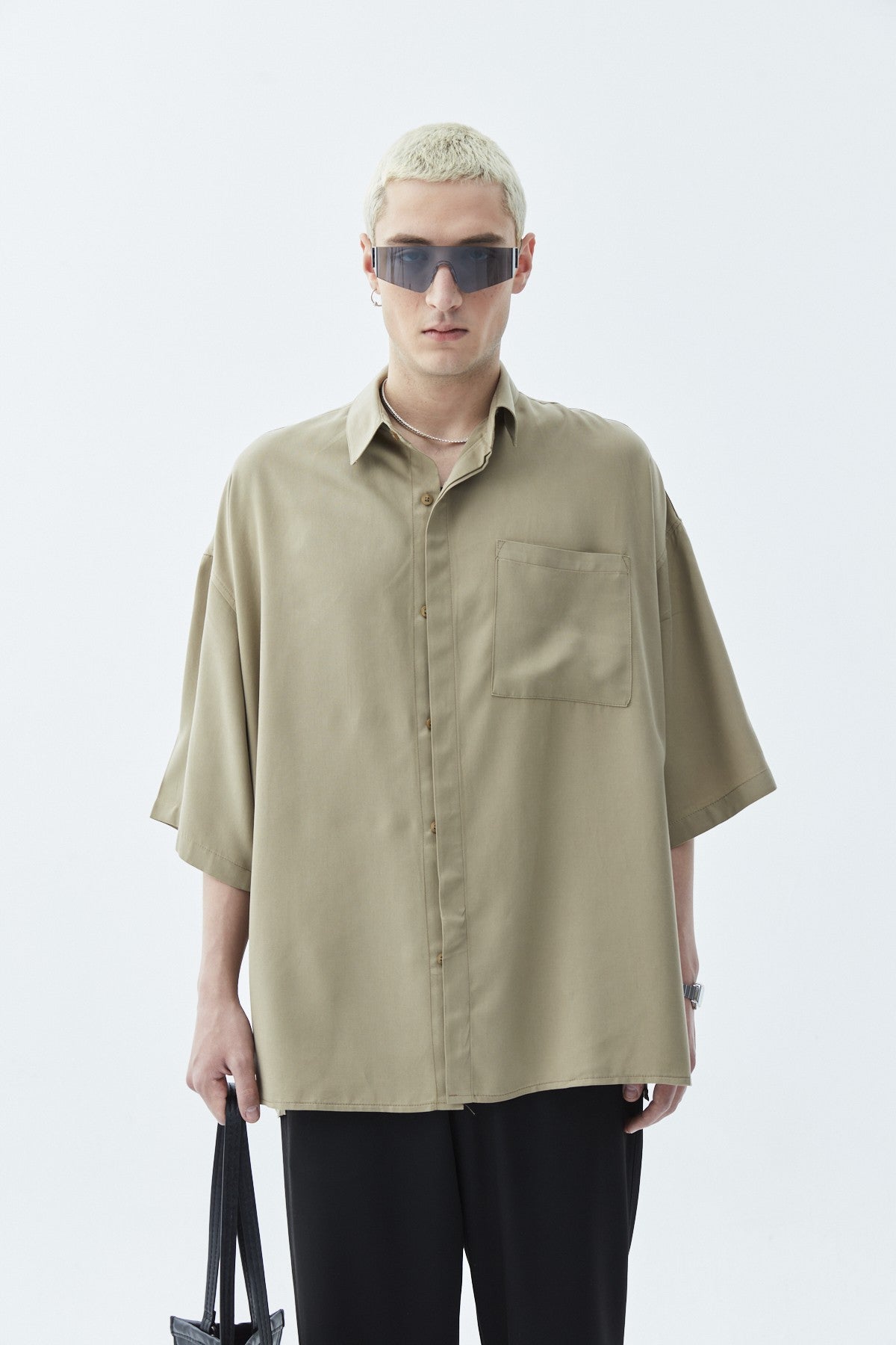 Oversized Short-Sleeve Linen Shirt with One Pocket