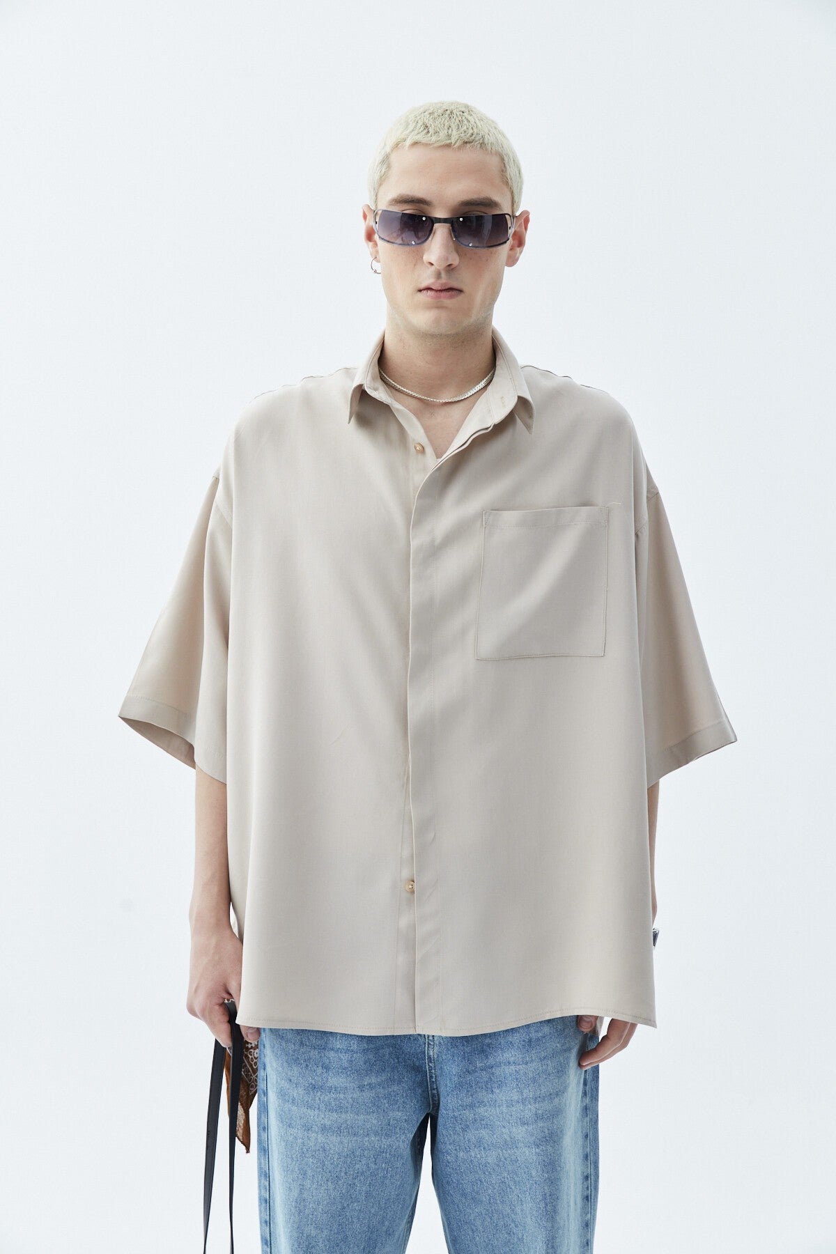 Oversized Short-Sleeve Linen Shirt with One Pocket