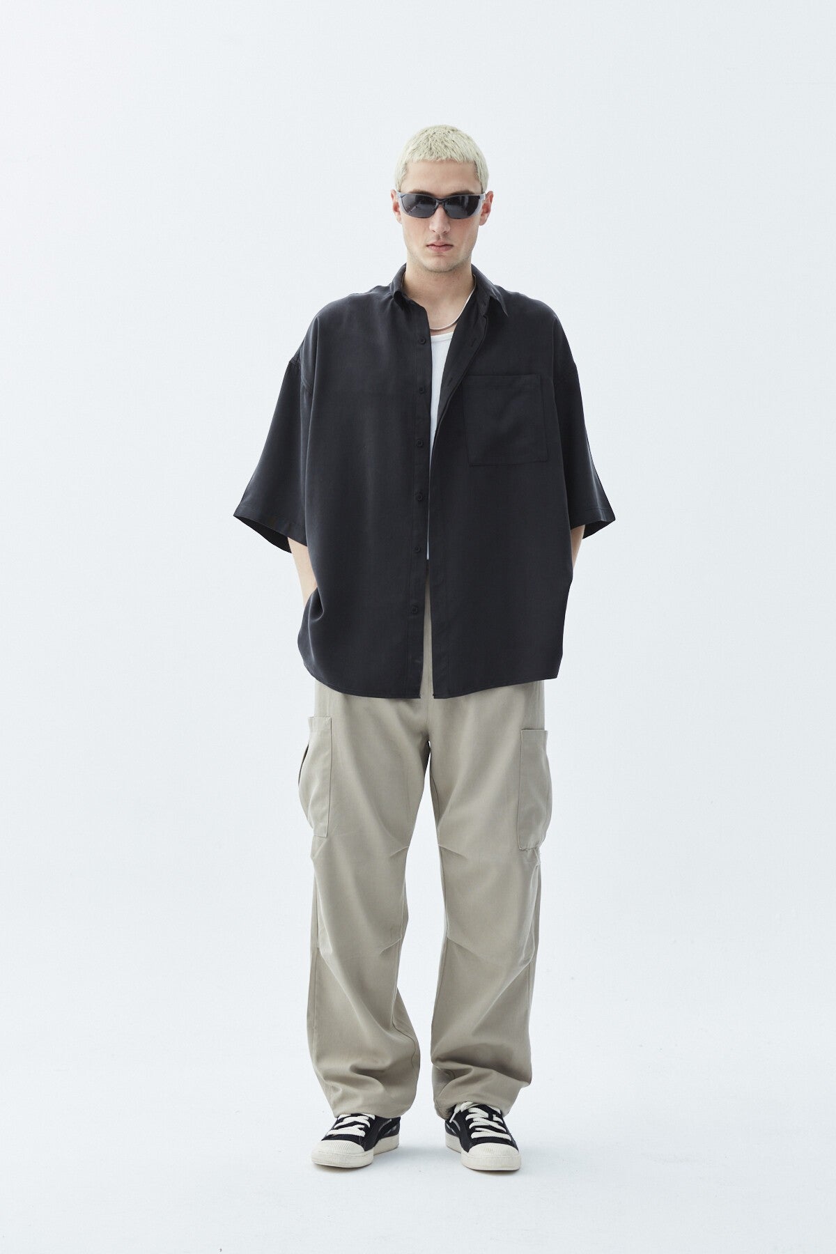 Oversized Short-Sleeve Linen Shirt with One Pocket