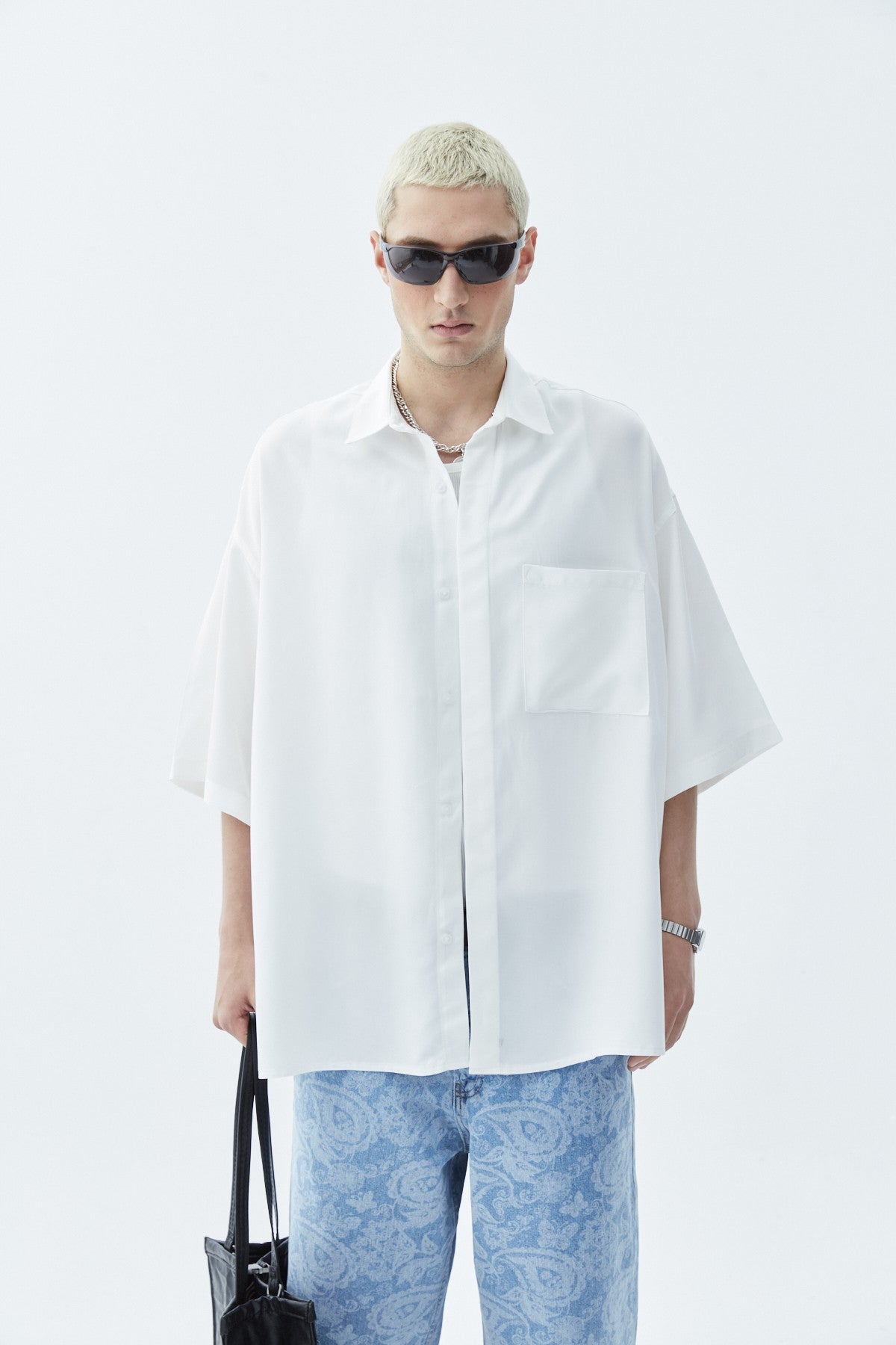 Oversized Short-Sleeve Linen Shirt with One Pocket