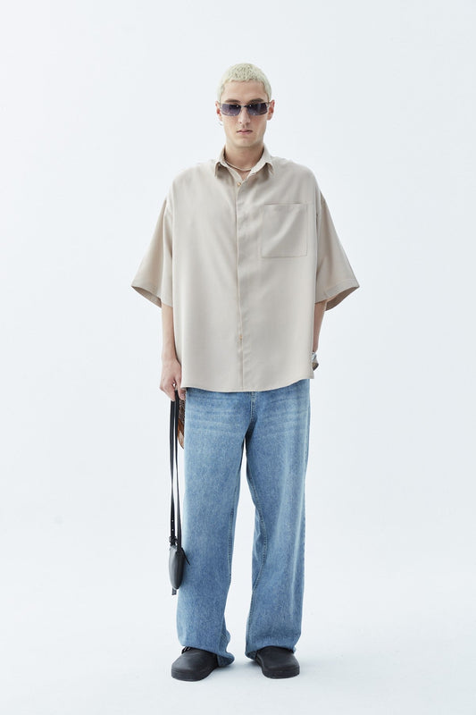 Oversized Short-Sleeve Linen Shirt with One Pocket