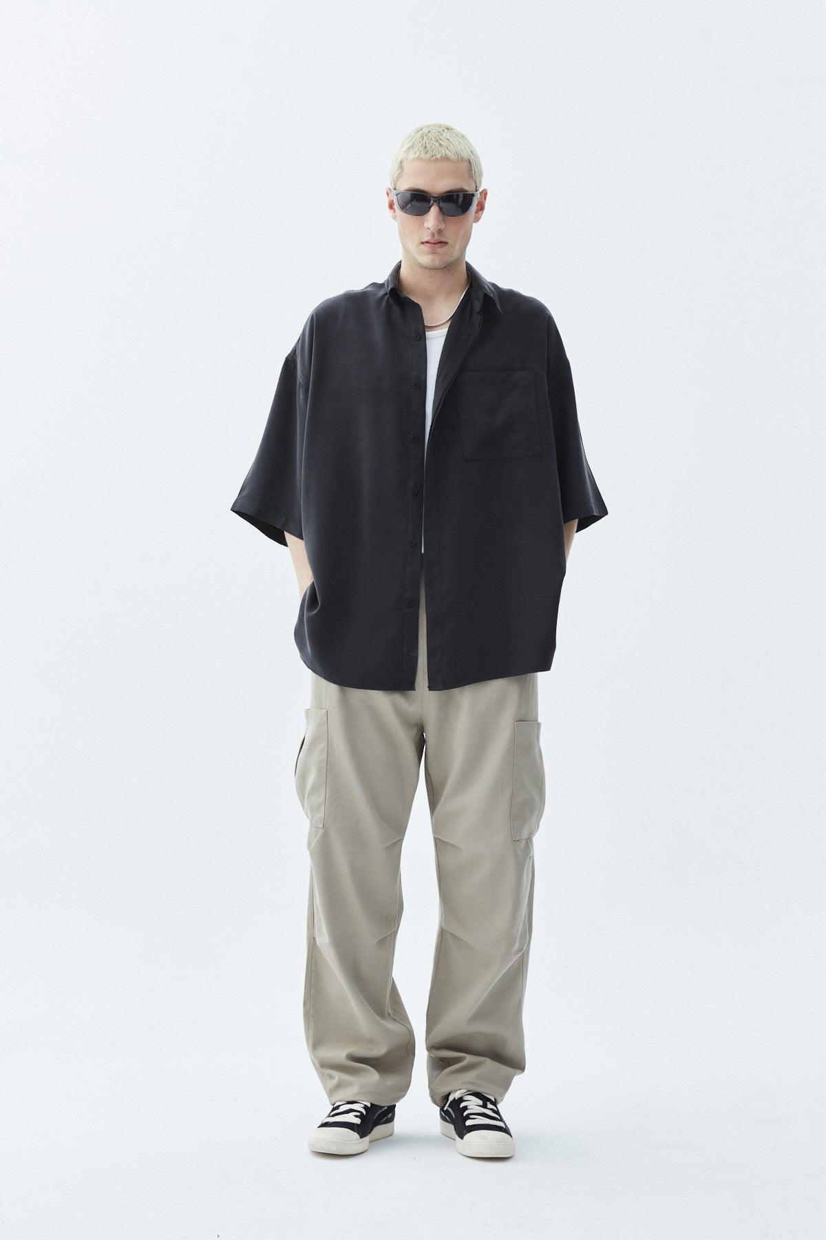 Oversized Short-Sleeve Linen Shirt with One Pocket