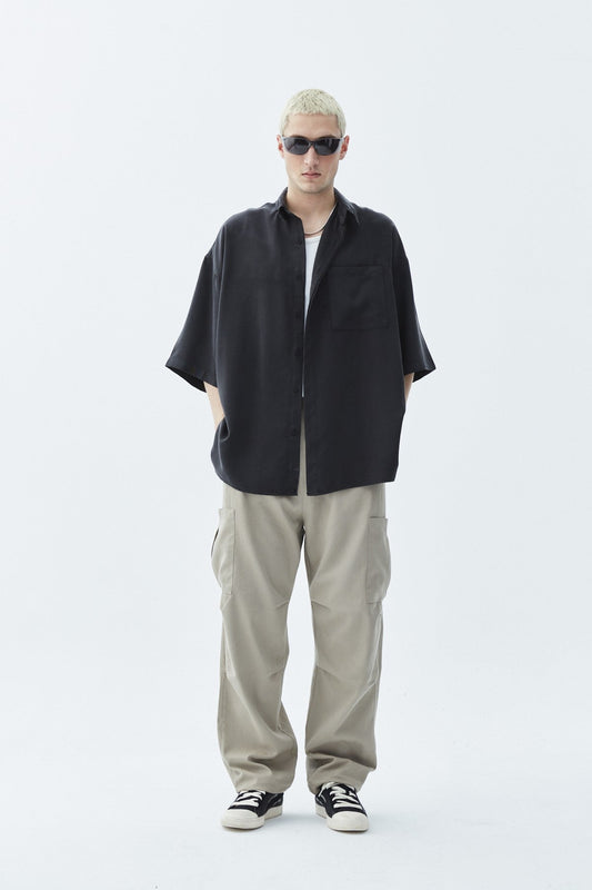 Oversized Short-Sleeve Linen Shirt with One Pocket