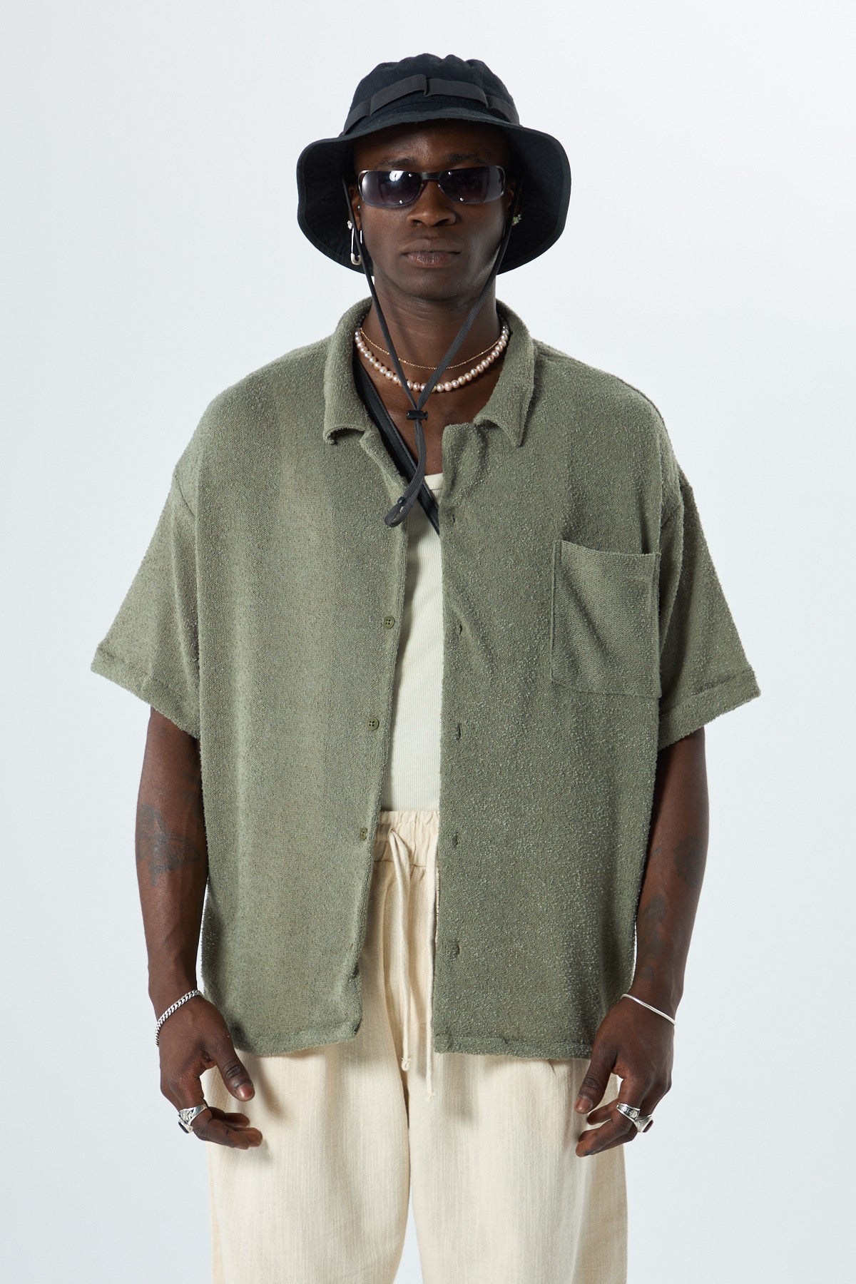 Oversized Towel-Weave Short-Sleeve Single-Pocket Shirt