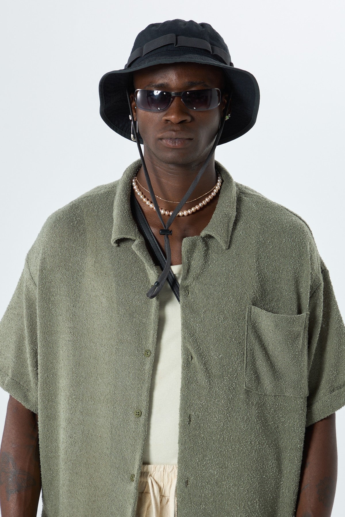 Oversized Towel-Weave Short-Sleeve Single-Pocket Shirt