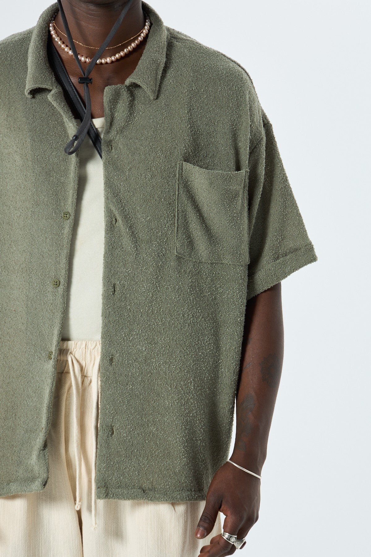 Oversized Towel-Weave Short-Sleeve Single-Pocket Shirt
