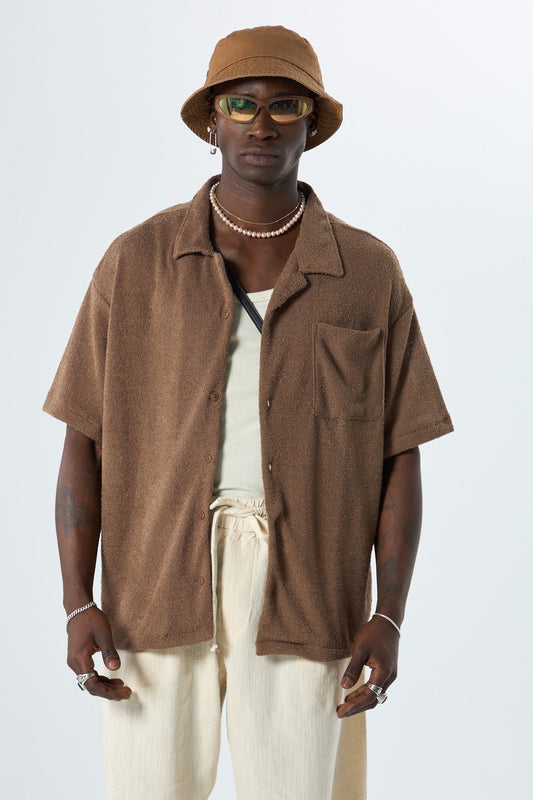 Oversized Towel-Weave Short-Sleeve Single-Pocket Shirt