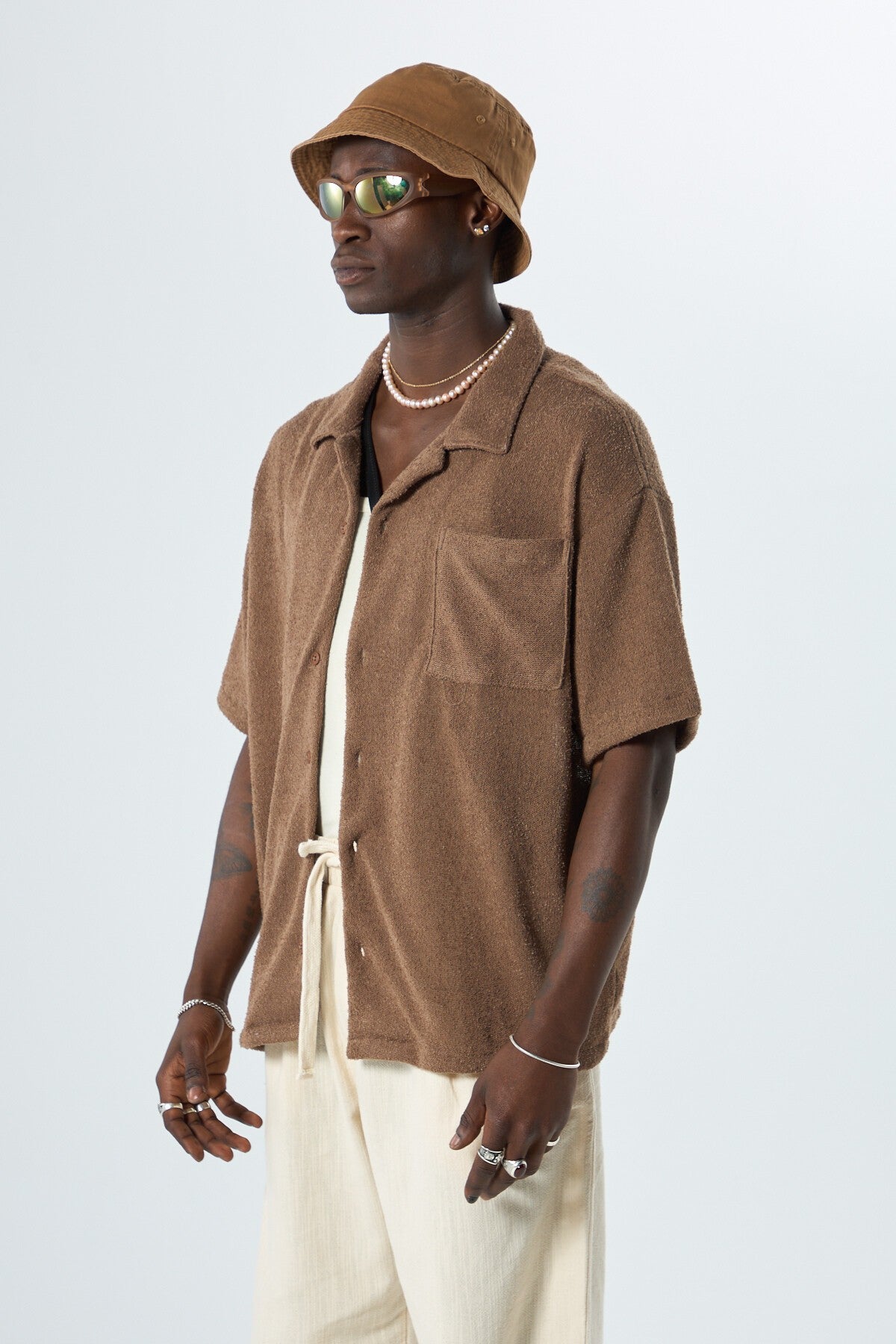 Oversized Towel-Weave Short-Sleeve Single-Pocket Shirt