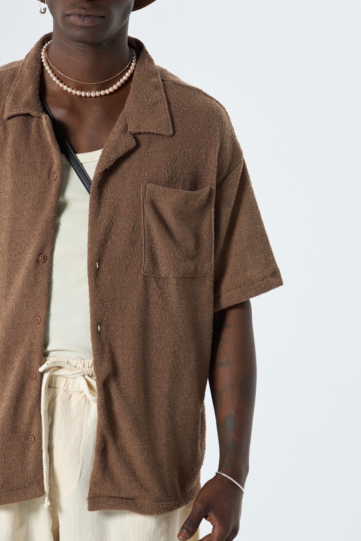 Oversized Towel-Weave Short-Sleeve Single-Pocket Shirt