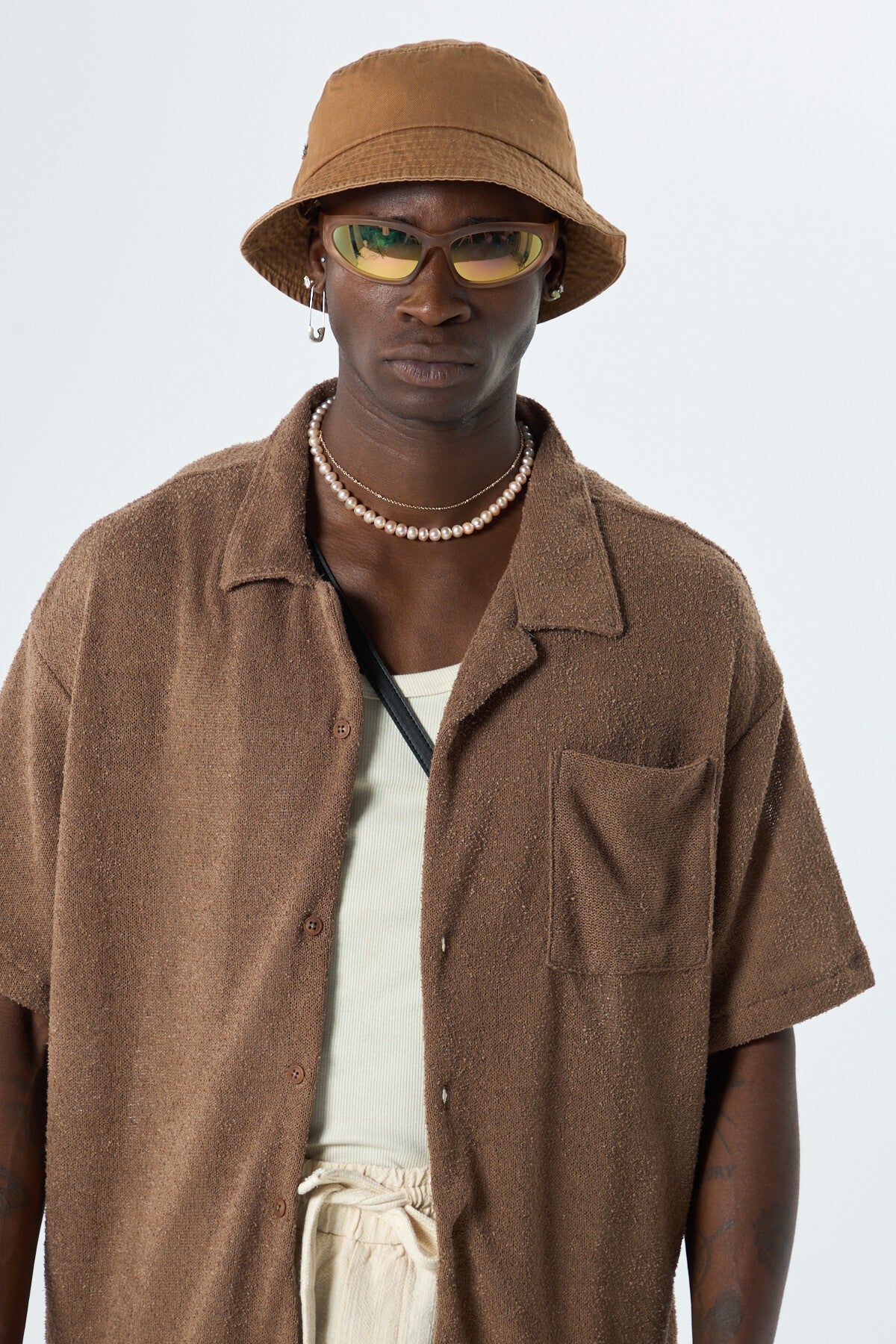 Oversized Towel-Weave Short-Sleeve Single-Pocket Shirt