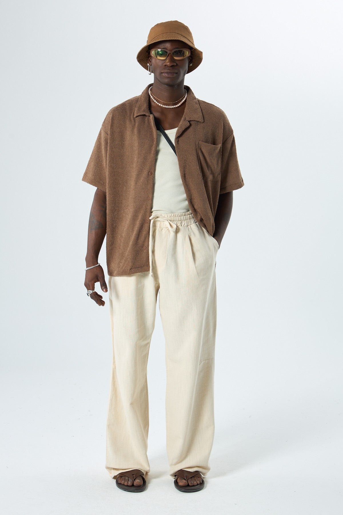 Oversized Towel-Weave Short-Sleeve Single-Pocket Shirt