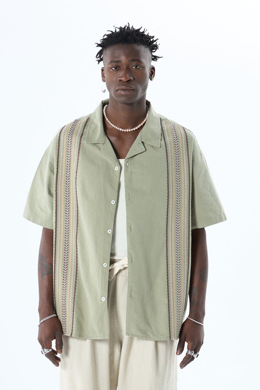 Oversized Short-Sleeve Linen Shirt with Embroidery Details and No Pockets