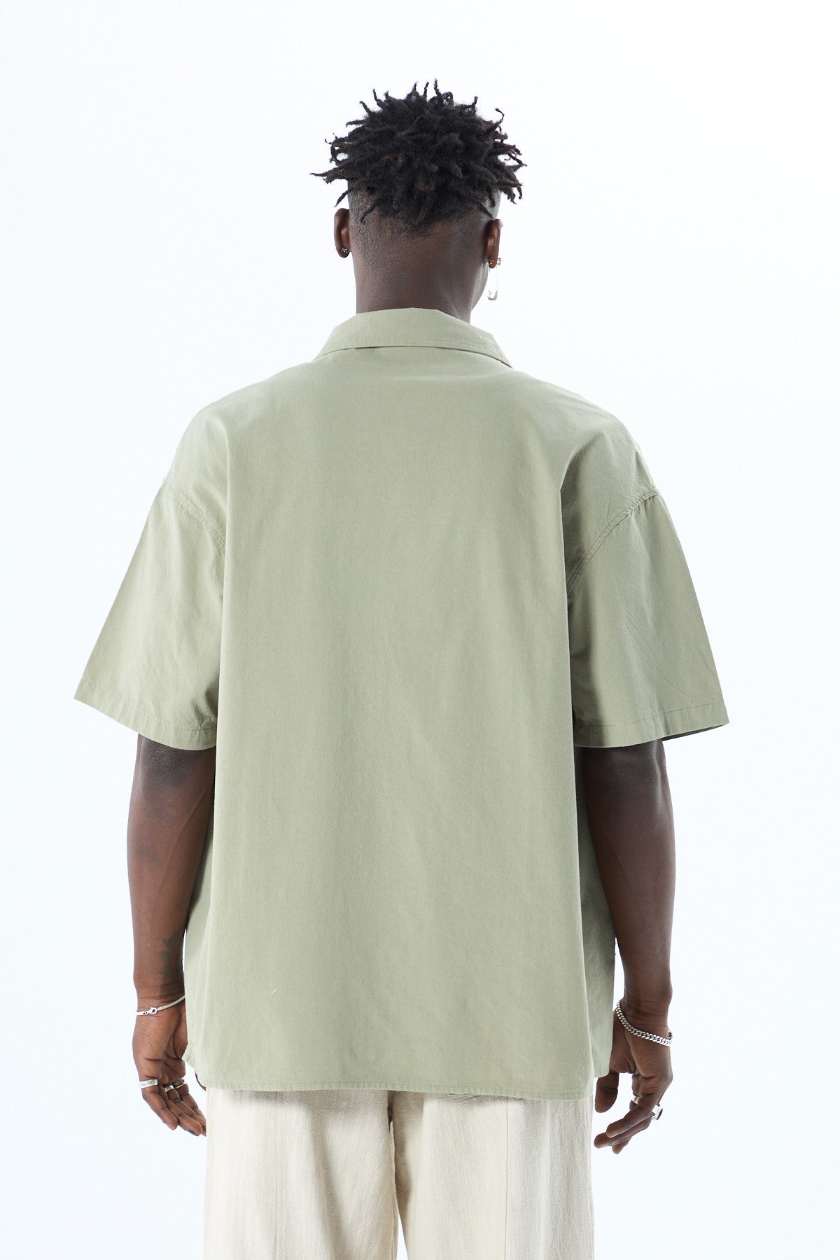 Oversized Short-Sleeve Linen Shirt with Embroidery Details and No Pockets