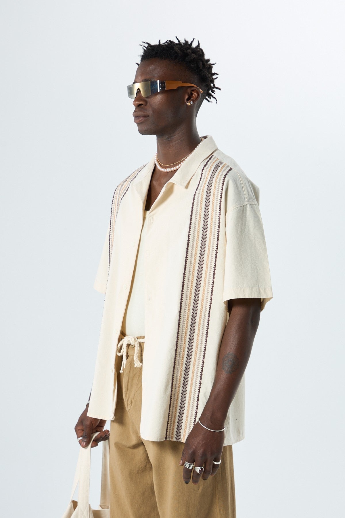 Oversized Short-Sleeve Linen Shirt with Embroidery Details and No Pockets