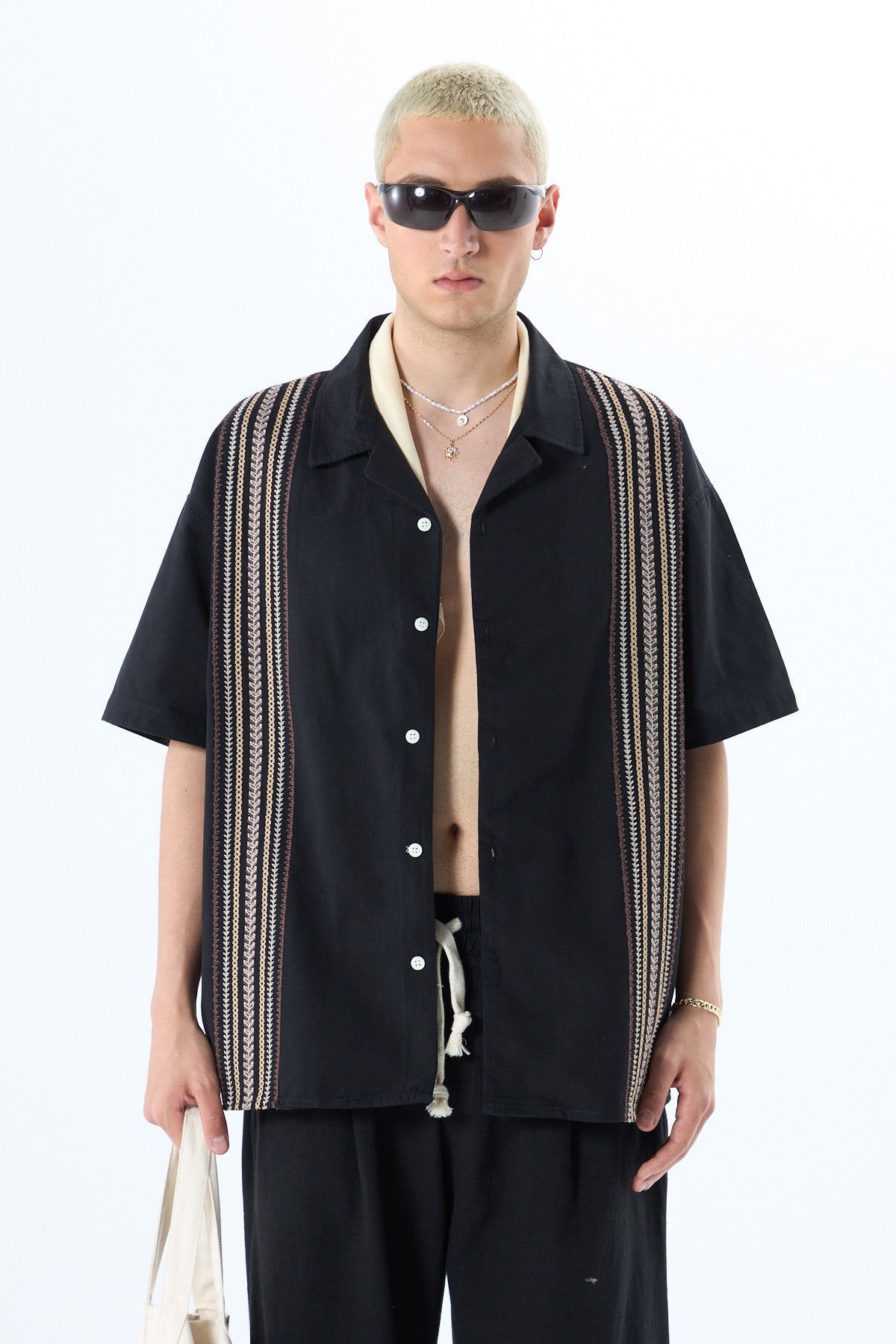 Oversized Short-Sleeve Linen Shirt with Embroidery Details and No Pockets